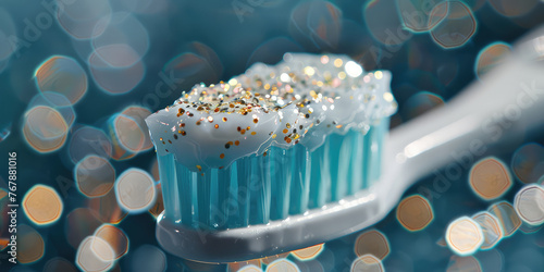 Glitter Toothpaste on Brush Macro, copy space. Close-up shot of glittery shining toothpaste on a toothbrush with simple background.