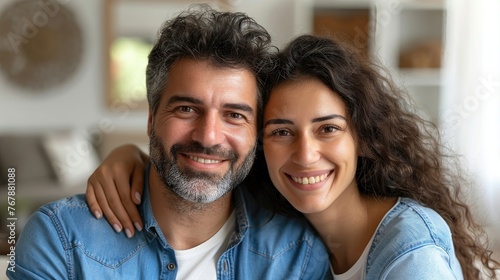 Portrait of a content mature man with a young woman smiling.