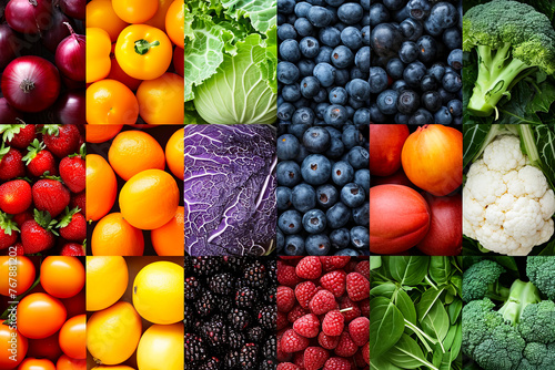 Collage of fruits and vegetables including oranges leeks blueberries raspberries and cabbage.