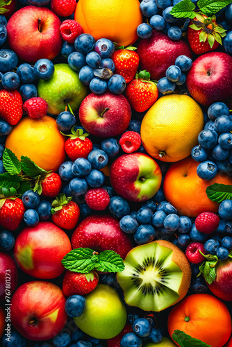 Close up of variety of fruits including apples and oranges.