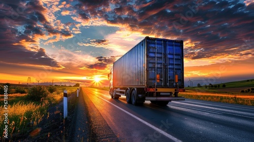 Heavy duty container logistics truck transportation on the road with sunset background. AI generated