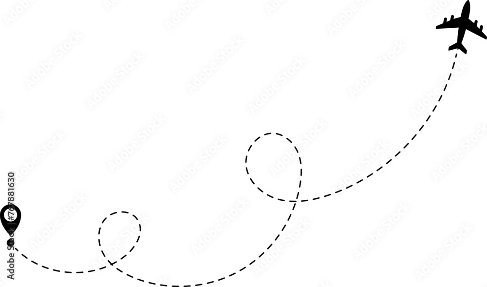 Airplane line path icon of air plane flight route with start point and dash line trace. Vector illustration Airplane line path icon of air plane flight route with start point and dash line trace. Vector illustration