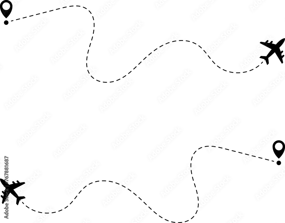 Airplane line path icon of air plane flight route with start point and dash line trace. Vector illustration Airplane line path icon of air plane flight route with start point and dash line trace. Vector illustration