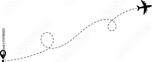Airplane line path icon of air plane flight route with start point and dash line trace. Vector illustration
