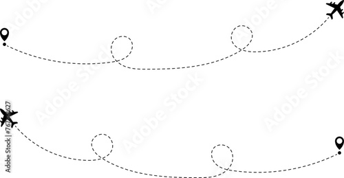 Airplane line path icon of air plane flight route with start point and dash line trace. Vector illustration