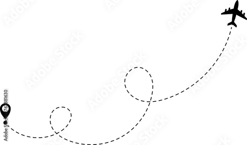 Airplane line path icon of air plane flight route with start point and dash line trace. Vector illustration