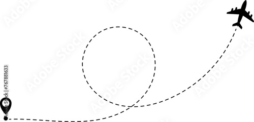 Airplane line path icon of air plane flight route with start point and dash line trace. Vector illustration