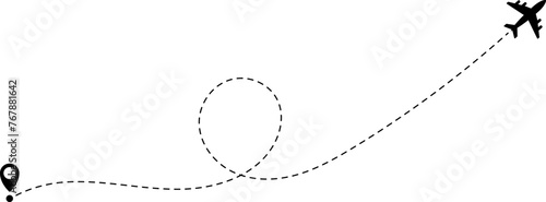 Airplane line path icon of air plane flight route with start point and dash line trace. Vector illustration