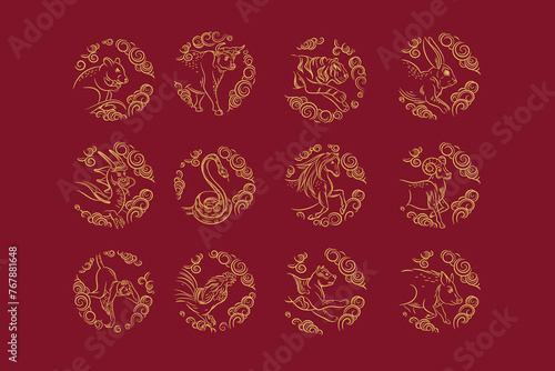 The set of symbols of the Chinese horoscope. Twelve zodiac animals.