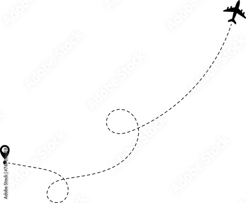 Airplane line path icon of air plane flight route with start point and dash line trace. Vector illustration