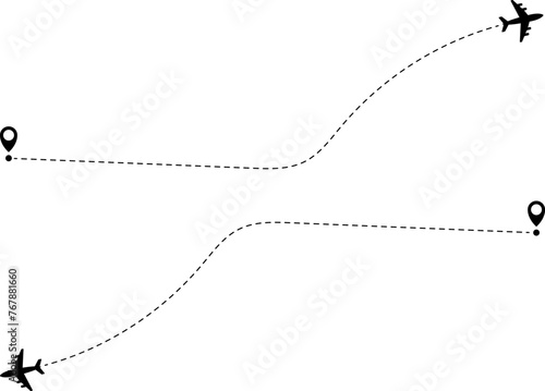 Airplane line path icon of air plane flight route with start point and dash line trace. Vector illustration