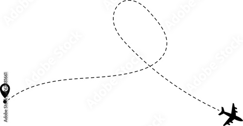 Airplane line path icon of air plane flight route with start point and dash line trace. Vector illustration