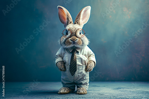 Small rabbit figurine wearing glasses and tie.