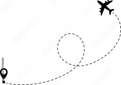 Airplane line path icon of air plane flight route with start point and dash line trace. Vector illustration