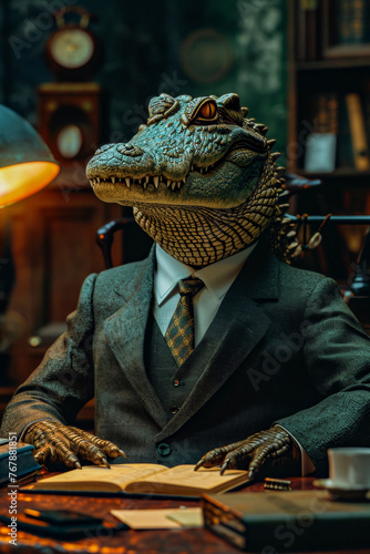 Crocodile dressed in suit and tie sits at desk with books behind him.