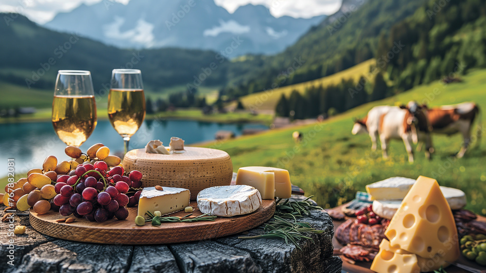 Fototapeta premium Table with board of various regional Swiss cheese and wine against the backdrop of cows grazing on the pasture in the Switzerland. Beautiful Swiss landscape with mountains and lake.