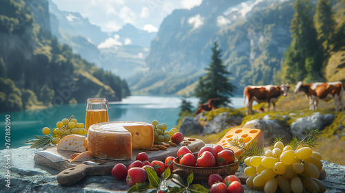 Table with board of various regional Swiss cheese against the backdrop of cows grazing on the pasture in the Switzerland. Beautiful Swiss landscape with mountains and lake. photo