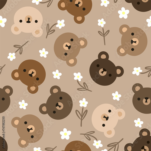 cute hand drawn teddy bear face with camomile white flowers on a brown background, kids seamless pattern design