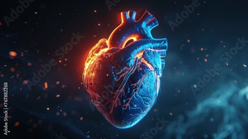 Human heart shape neon glowing light wireframe low poly style. AI generated image