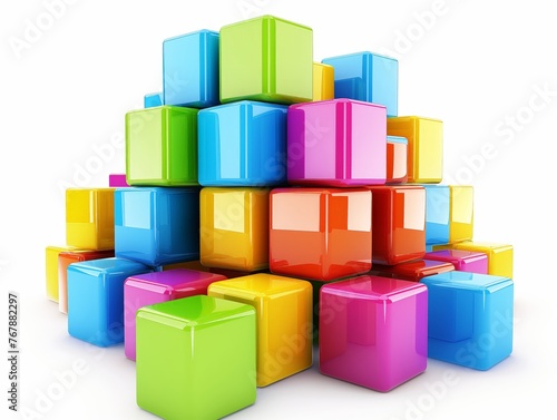 A pyramid of vibrant  multicolored cubes on a white background symbolizing organization  diversity  and structure.