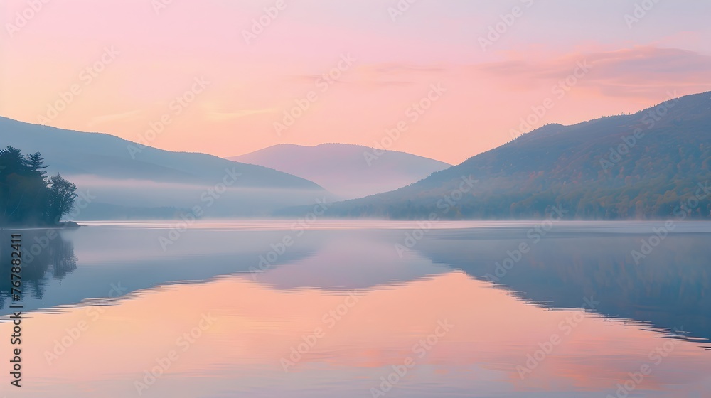 Peaceful Dawn at a Misty Mountain Lake - Generative AI