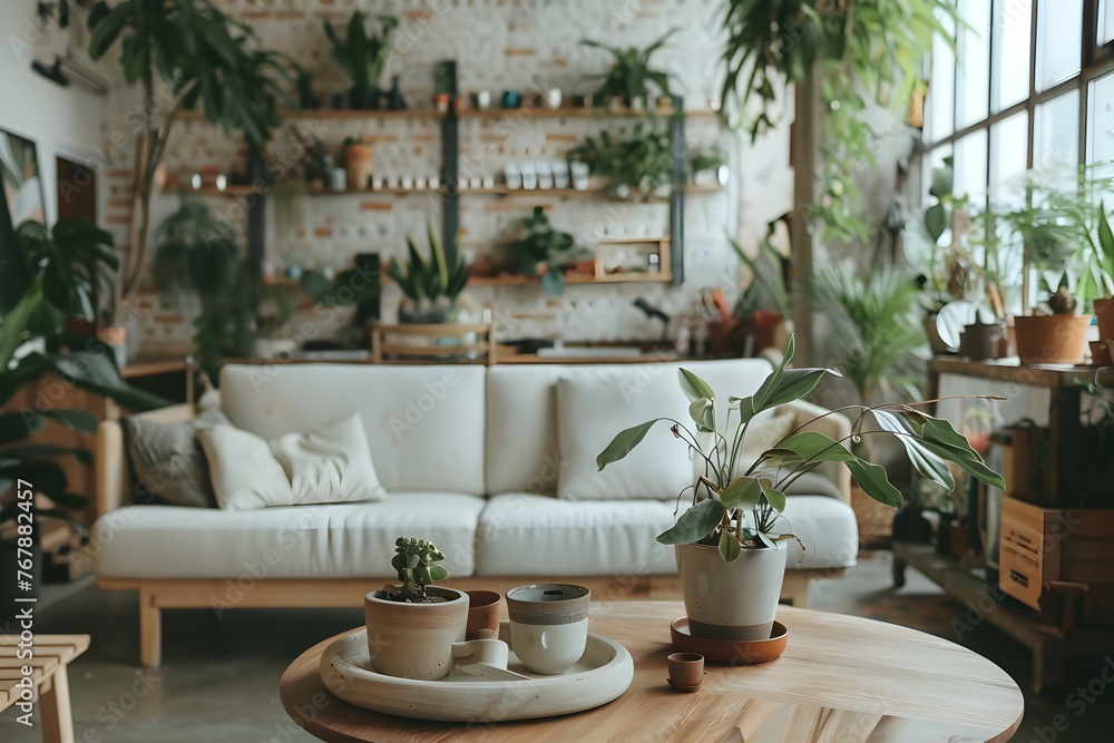 Cozy Bohemian Living Room with White Sofa and Lush Plant Shelves - Generative AI