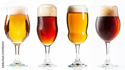 On a white background, four glasses with different beers. The file provides a cut path.