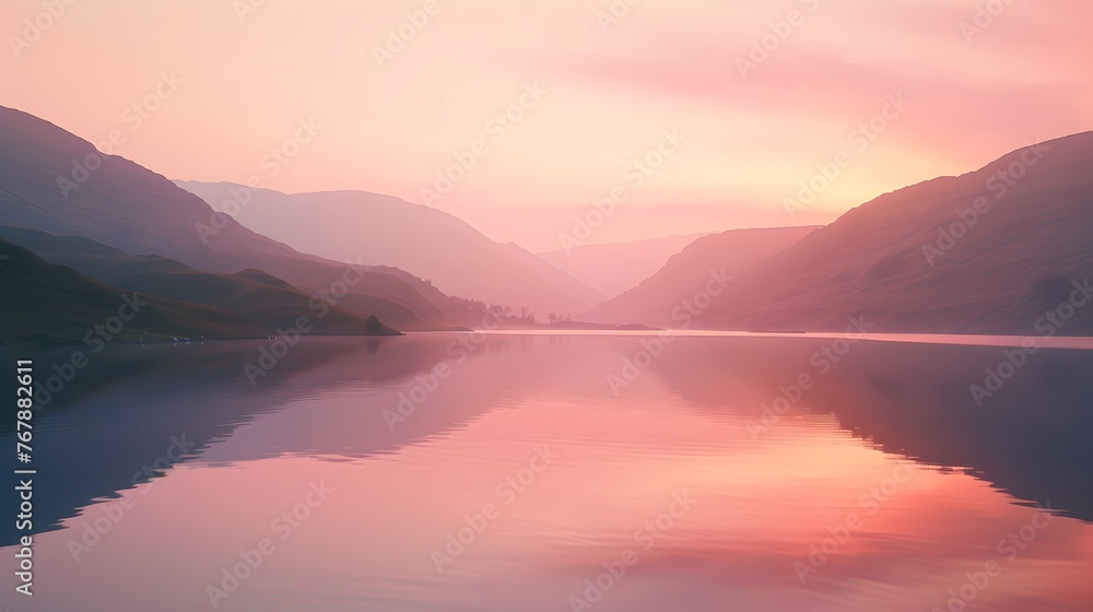 Majestic Sunrise Over Tranquil Mountain Lake with Pink Hues - Generative AI