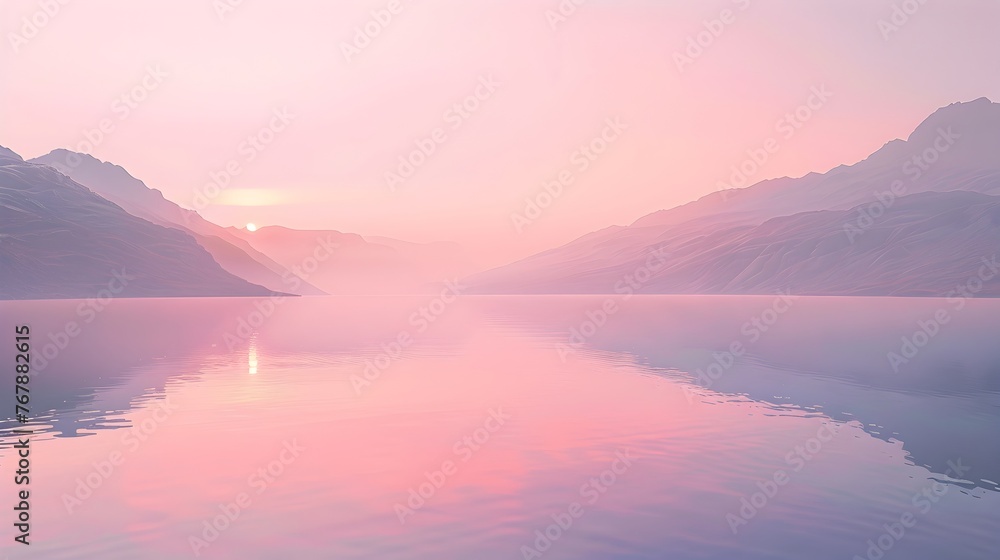 Ethereal Misty Lake Sunrise with Gentle Pink and Lavender Tones - Generative AI