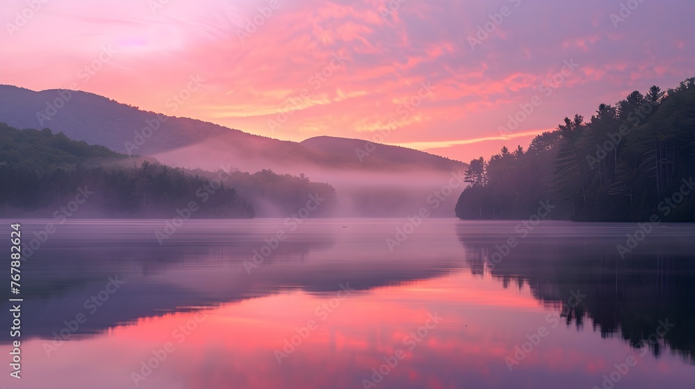 Misty Lake Sunrise with Vibrant Skies and Mountain Reflections - Generative AI