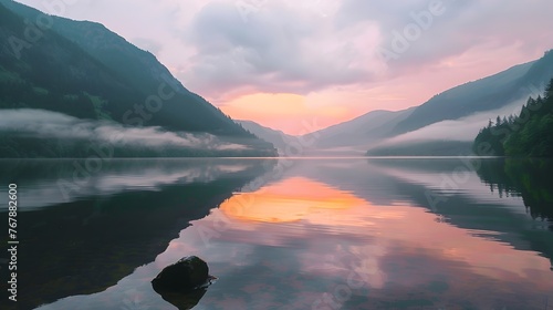 Peaceful Dawn at Mist-Covered Lake with Reflective Waters - Generative AI
