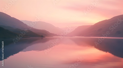Majestic Sunrise Over Tranquil Mountain Lake with Pink Hues - Generative AI