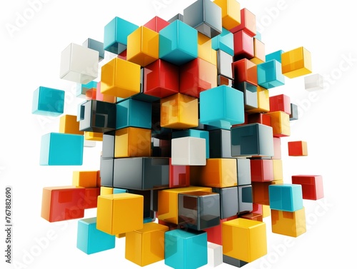 Vibrant 3D cubes in red  blue  orange  and white floating against a white background  symbolizing organization  digital data  or creativity.