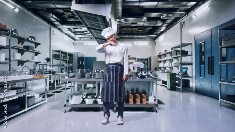 Full Body Of Asian Man Chef Wiping The Sweat Being Tired Cooking While Standing In Kitchen Full Body Of Asian Man Chef Wiping The Sweat Being Tired Cooking While Standing In Kitchen