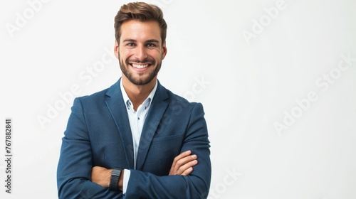 The portrait of a happy businessman is isolated on a white background. photo