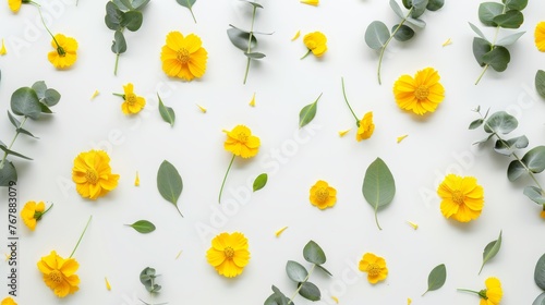 Composition of yellow flowers and leafy eucalyptus on white background. Flat lay, top view.