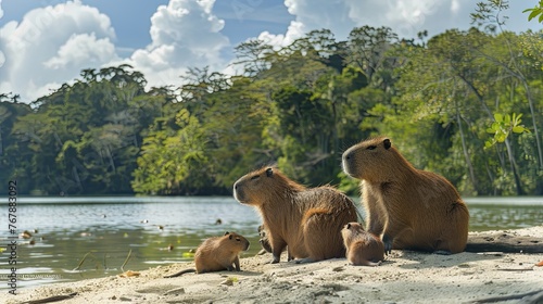 Hydrochoerus hydrochaeris. An adult large capybara and its cubs on the riverbank. Playful capybara cubs on the riverbank.
