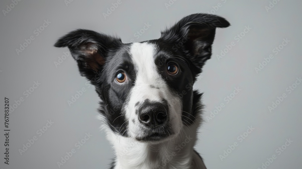 A black and white dog tilting his head looking forward in a studio headshot against a light gray background.