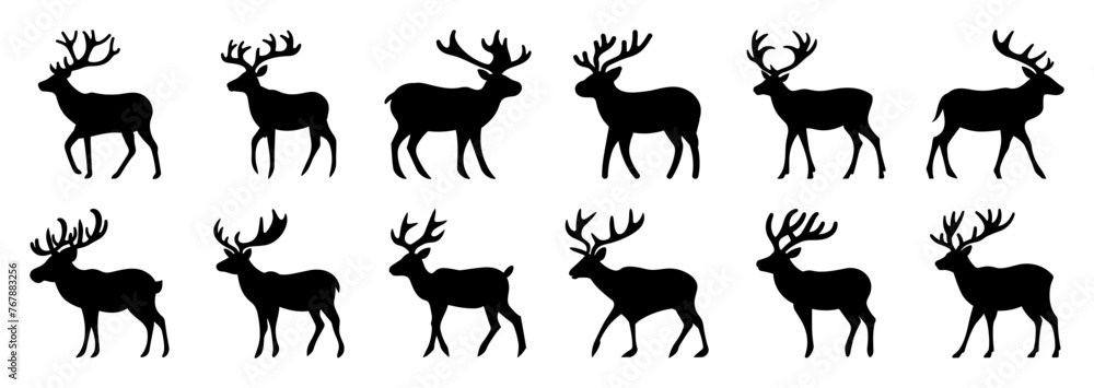 Obraz premium Deer silhouettes set, large pack of vector silhouette design, isolated white background.