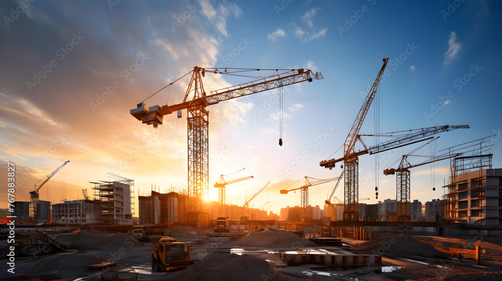 Dynamic Construction Site: A Towering Yellow Crane in Full Operation Under A Clear Azure Sky