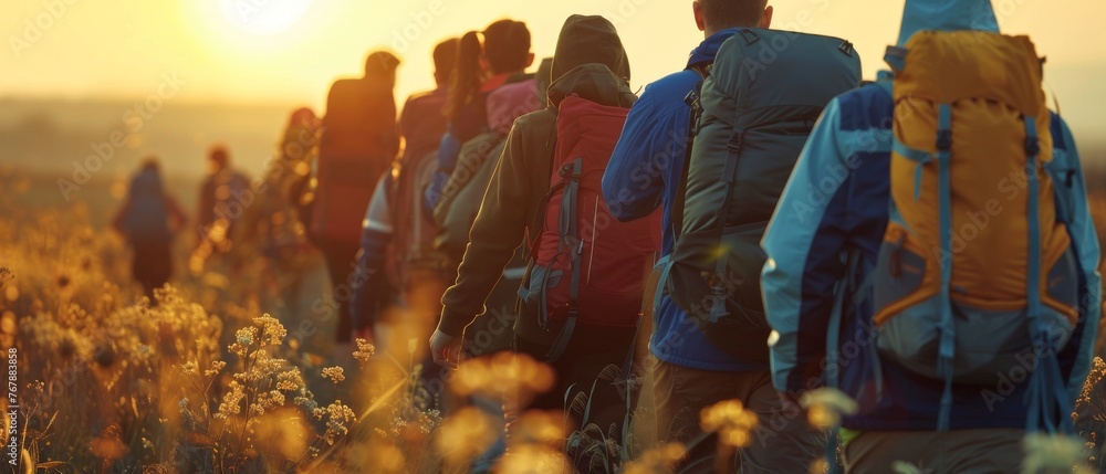 Friends walking with backpacks in sunset. Concept of adventure, travel, tourism, hike, and friendship among people. - obrazy, fototapety, plakaty 