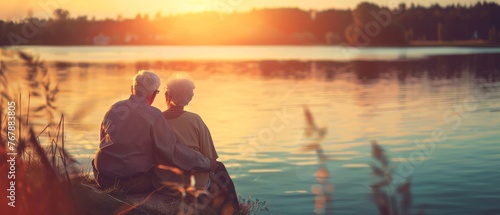 An elderly couple enjoys a sunset near a lake in summer