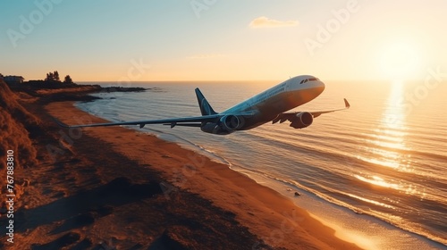 Aerial view of airplane silhouette shadow on beach, travel concept background with sea and sand