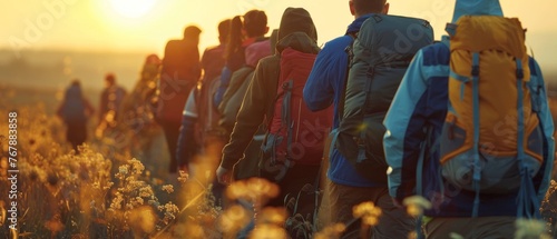 Friends walking with backpacks in sunset. Concept of adventure, travel, tourism, hike, and friendship among people. © Zaleman