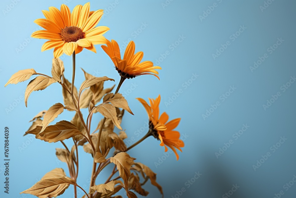 Beautiful sunflowers on blue background.