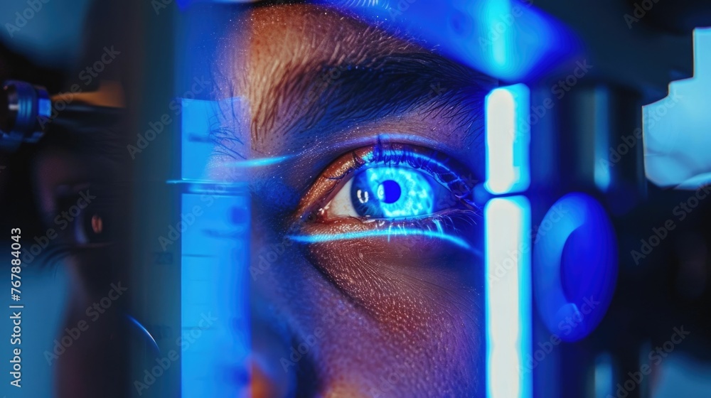 Doctor in modern optical clinic, conducting an enhanced eye examination using advanced quantum entangled equipment. The doctor focuses on contributing to innovative vision