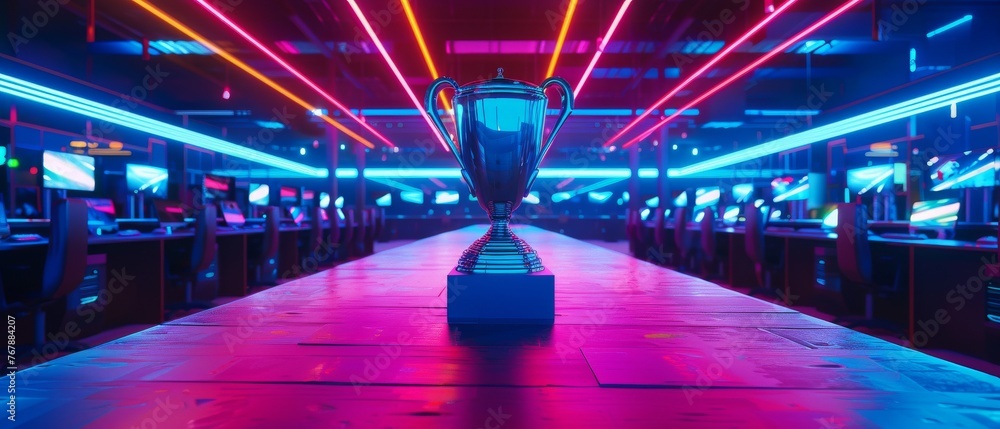 Stylish Neon Lights with Cool Area Design display the eSports Winner Trophy on a stage in the middle of the Computer Video Games Championship Arena. - obrazy, fototapety, plakaty 