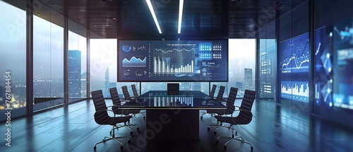An entrepreneur presents an e-commerce investment strategy to a group of investors. Wall TV shows big data analysis, infographics, stock market trends, and stock market information. photo
