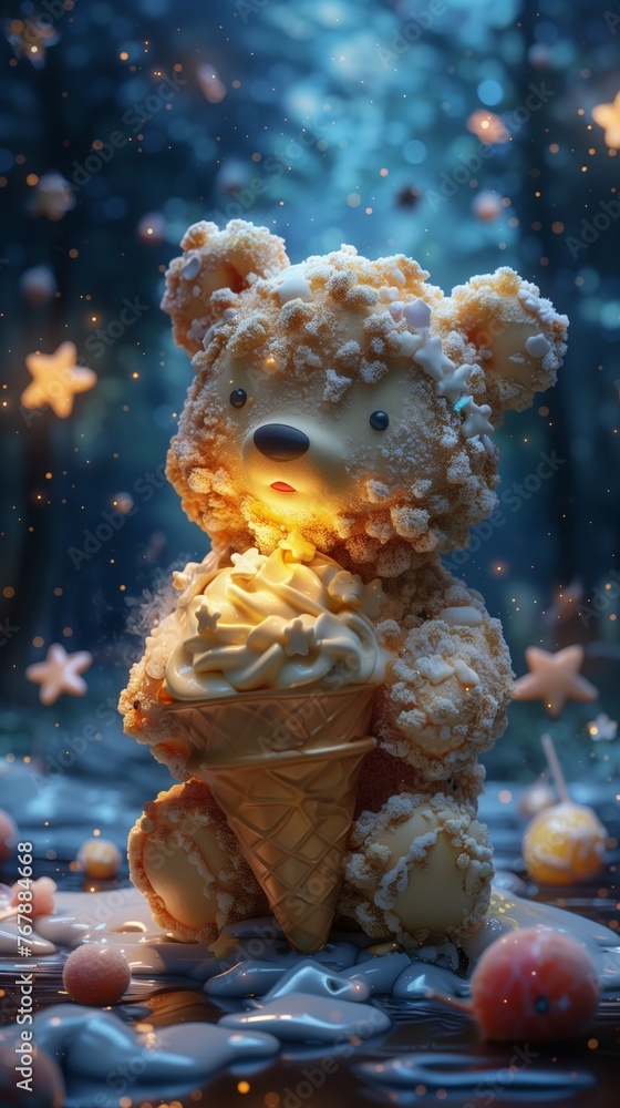 Teddy Bear with Ice Cream Cone in Starry Ambience
