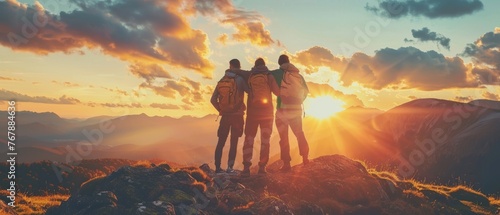 The sunset on a mountain with friends standing in front of it